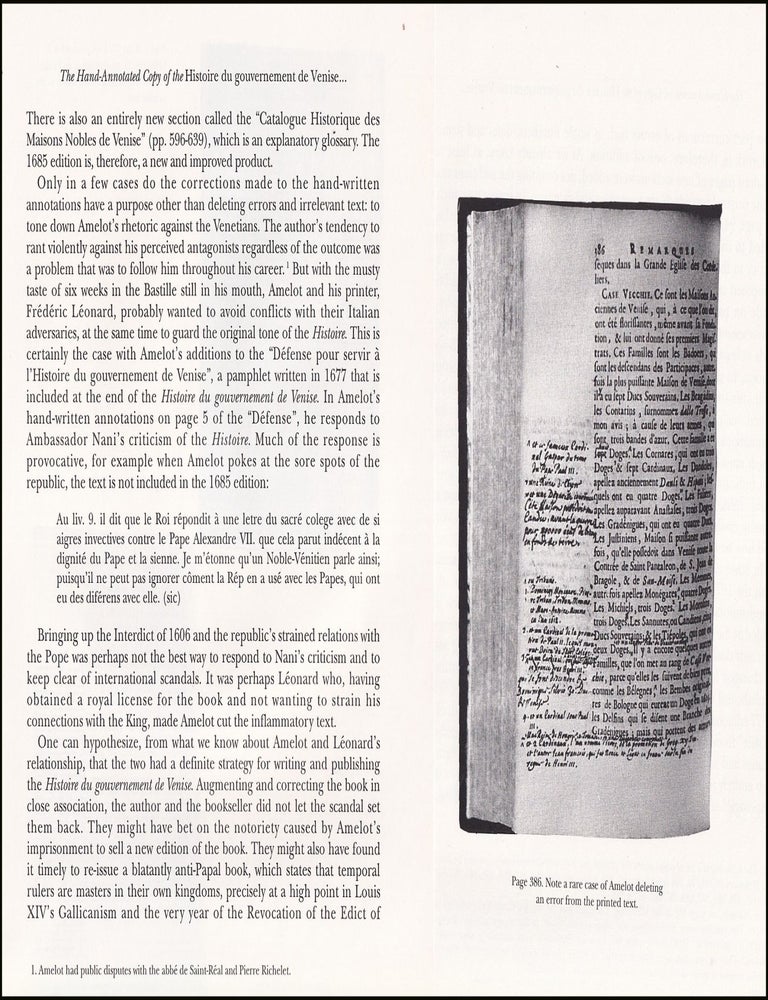 Item #514563 The Hand-Annotated Copy of the Histoire du gouvernement de Venise, or how Amelot de...