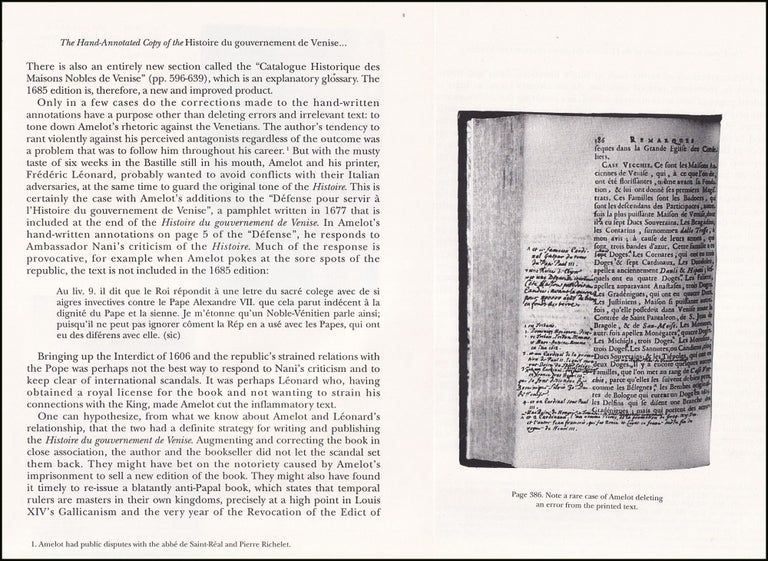 Item #514563 The Hand-Annotated Copy of the Histoire du gouvernement de Venise, or how Amelot de...