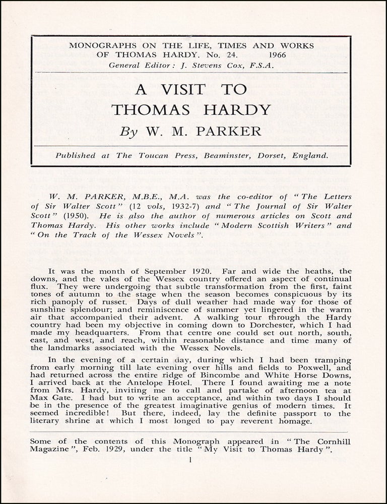 Item #514573 A Visit to Thomas Hardy, by W.M. Parker. Monographs on the Life, Times & Works of...
