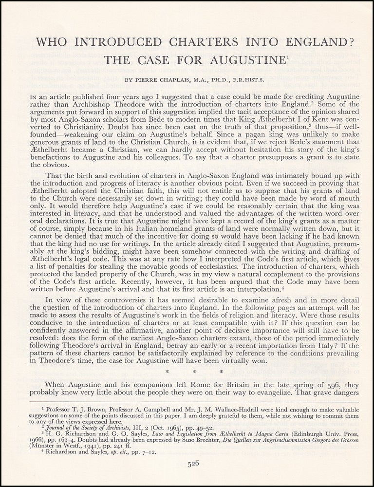 Item #514601 Who Introduced Charters into England ? The Case for Augustine. An original article...