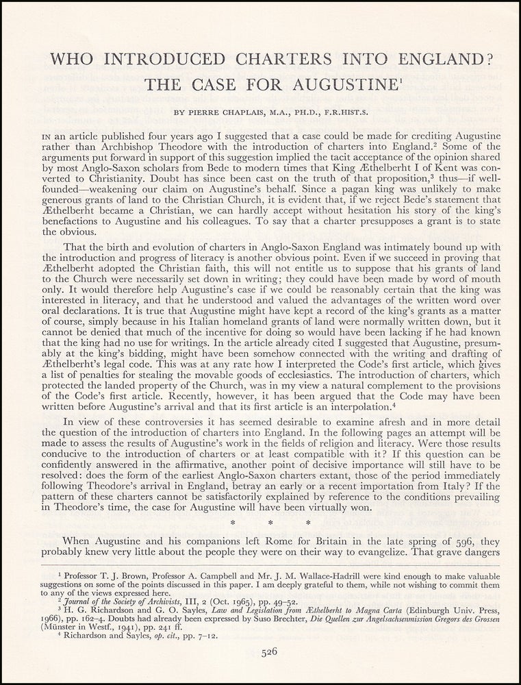 Item #514601 Who Introduced Charters into England ? The Case for Augustine. An original article...
