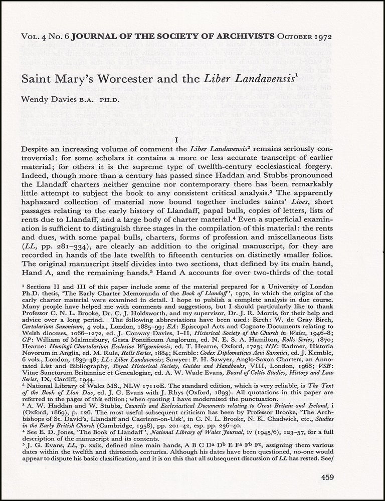 Item #514604 Saint Mary's Worcester & the Liber Landavensis. An original article from...