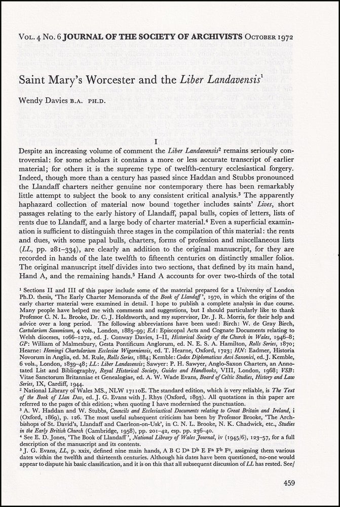 Item #514604 Saint Mary's Worcester & the Liber Landavensis. An original article from...