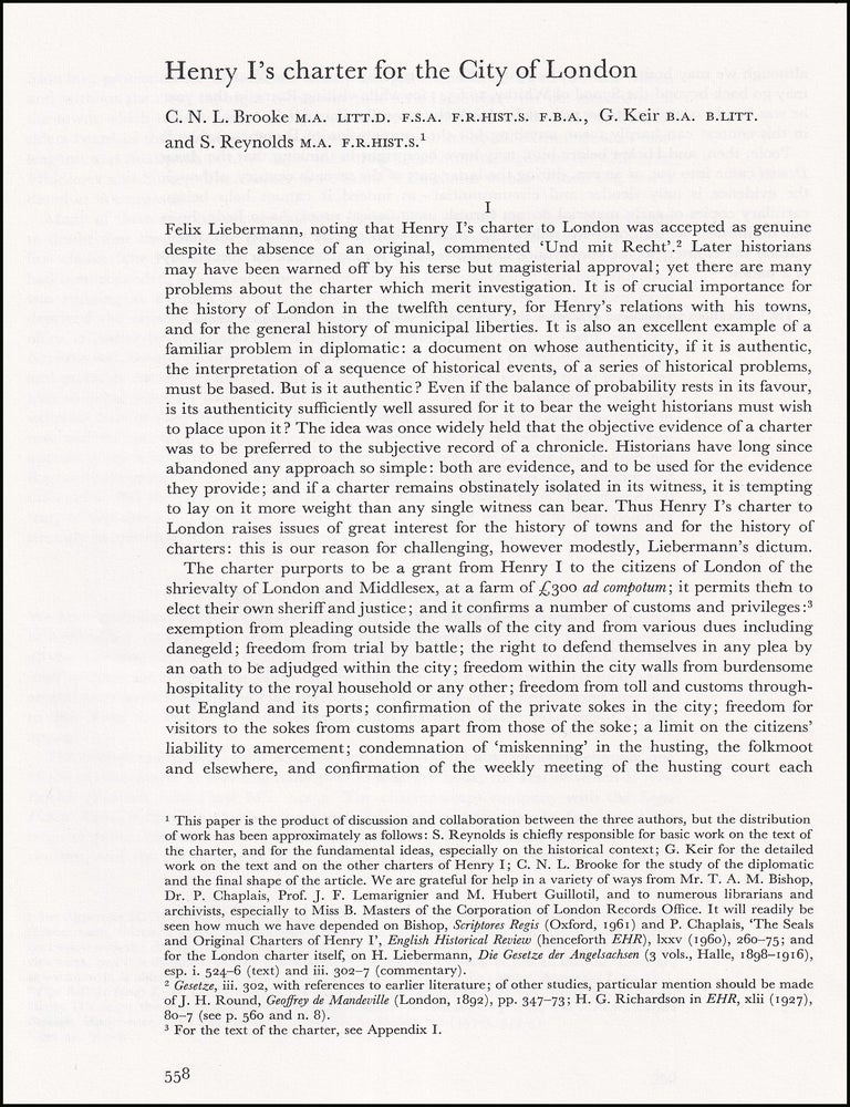 Item #514605 Henry I's Charter for the City of London. An original article from the Journal...