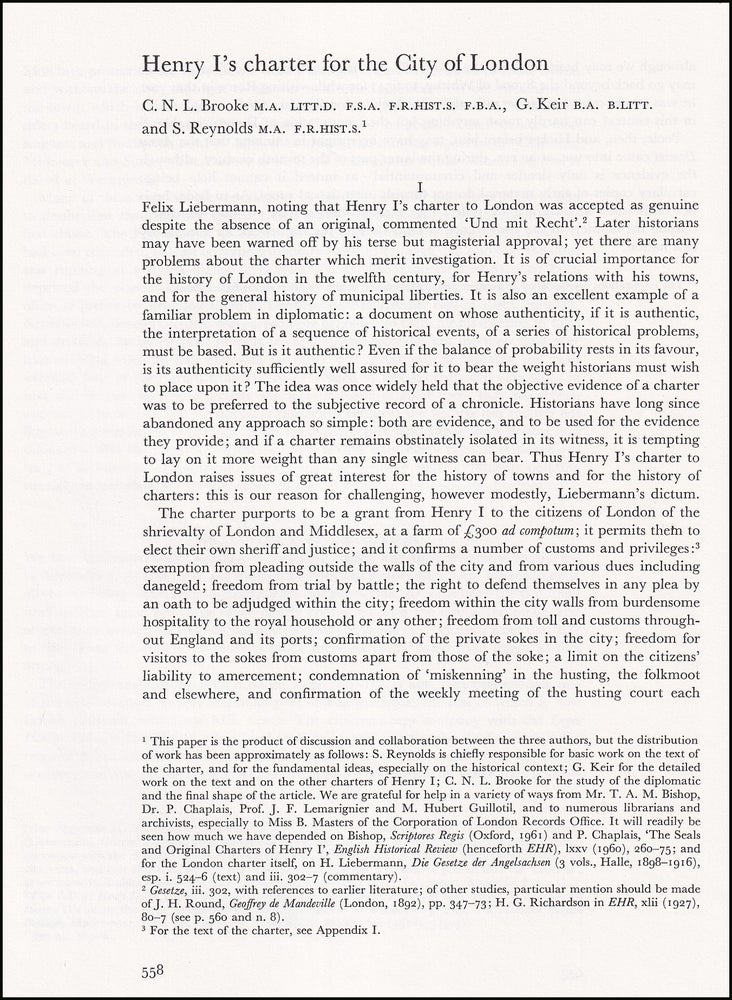 Item #514605 Henry I's Charter for the City of London. An original article from the Journal...