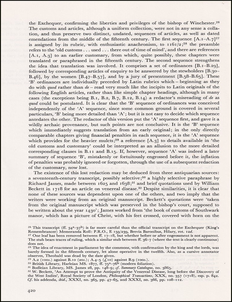 Item #514609 A Fifteenth-Century Customary of the Southwark Stews. An original article from the Journal of the Society of Archivists, 1977. Public Record Office J B. Post.