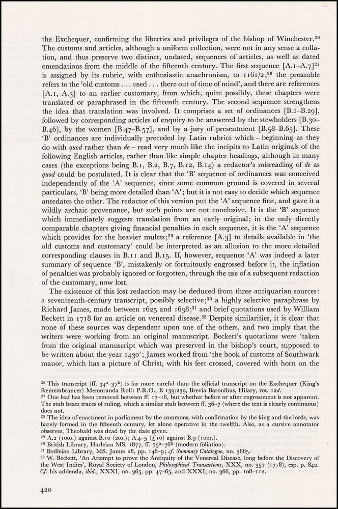 Item #514609 A Fifteenth-Century Customary of the Southwark Stews. An original article from the...