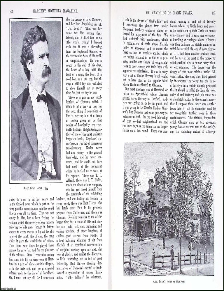 Item #515590 My Memories of Mark Twain : American writer, Humorist & Essayist. By W.D. Howells. An original article from the Harper's Monthly Magazine, 1910. AMERICAN WRITER.