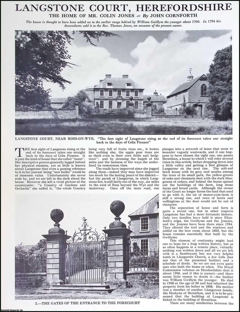 Item #516604 Langstone Court, Herefordshire. The Home of Mr. Colin Jones. By John Cornforth. Several pictures and accompanying text, removed from an original issue of Country Life Magazine, 1967. HEREFORDSHIRE COUNTRY HOUSE.