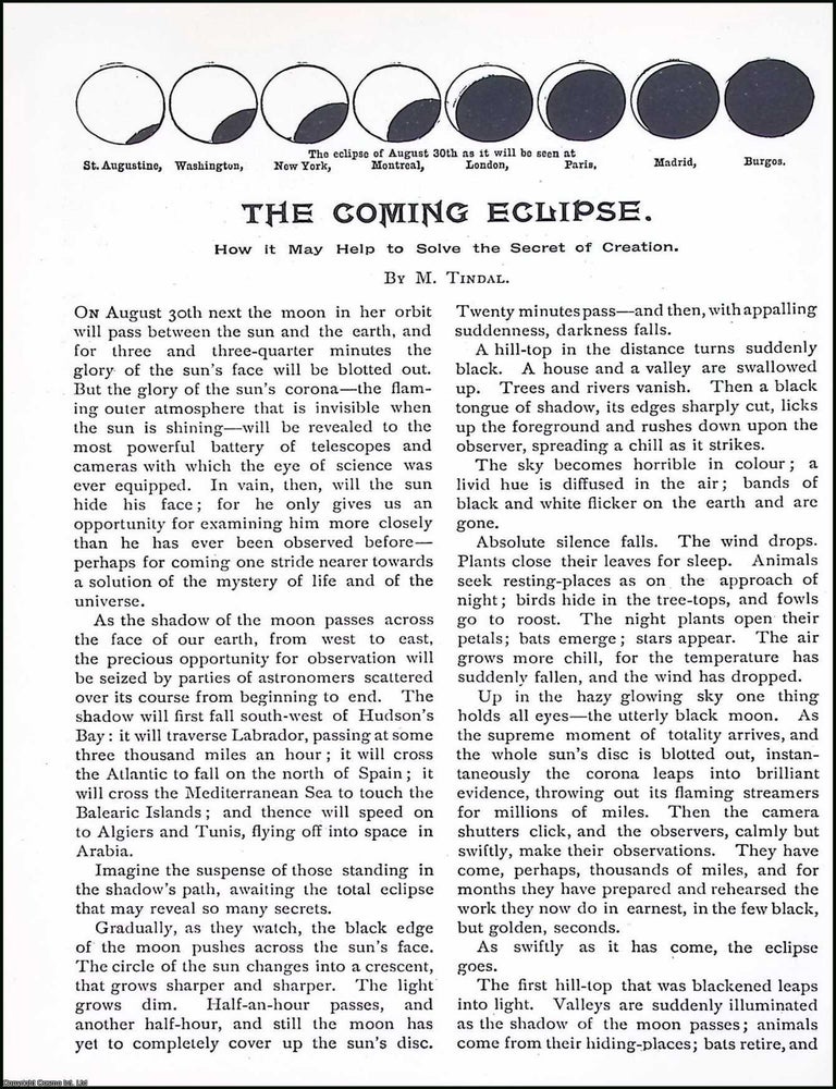 Item #516731 The Coming Eclipse : How it May Help to Solve the Secret of Creation. By M. Tindal....