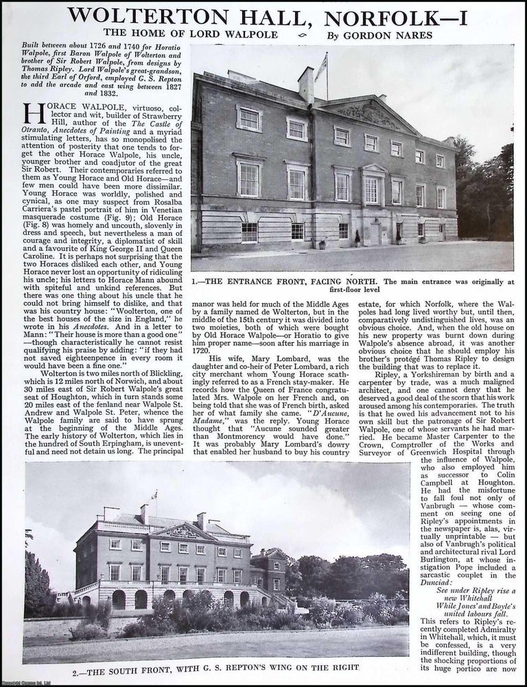 Item #517557 Wolterton Hall, Norfolk. The Home of Lord Walpole. By Gordon Nares. Several pictures...