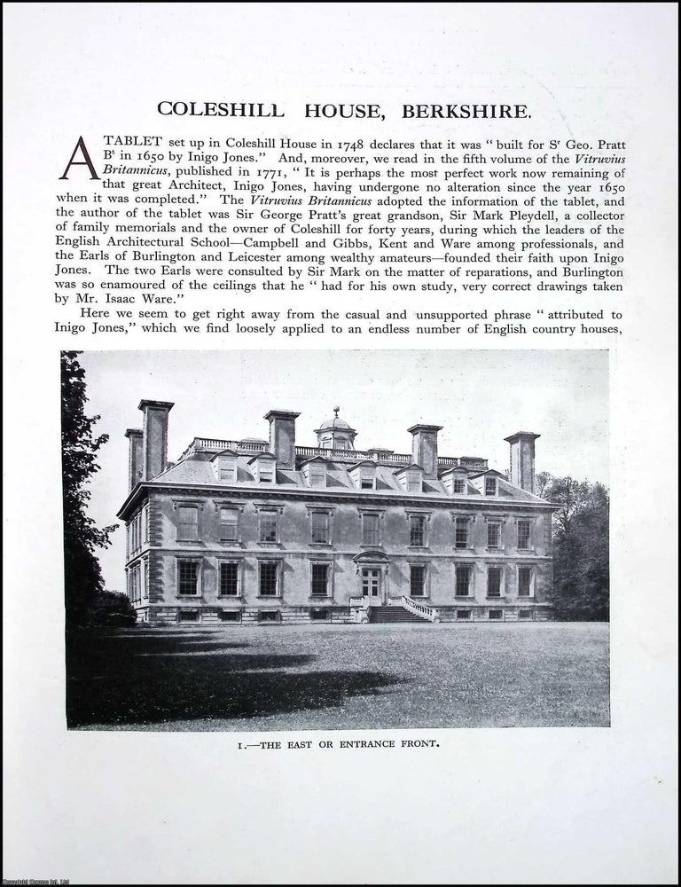 Item #518406 Coleshill House, Berkshire. Built for St. George Pratt, Bt in 1650, by Inigo Jones....