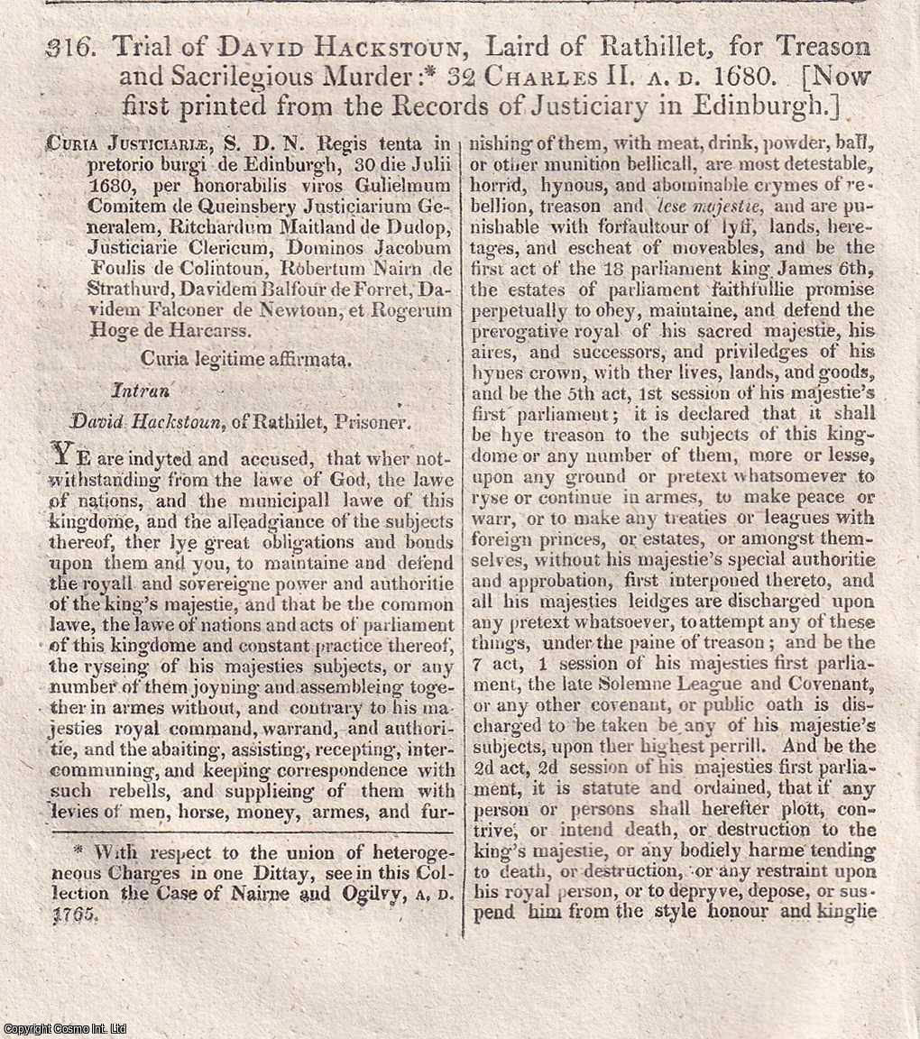 Treason and Sacrilegious Murder : Trial of David Hackstoun, 1680 ...