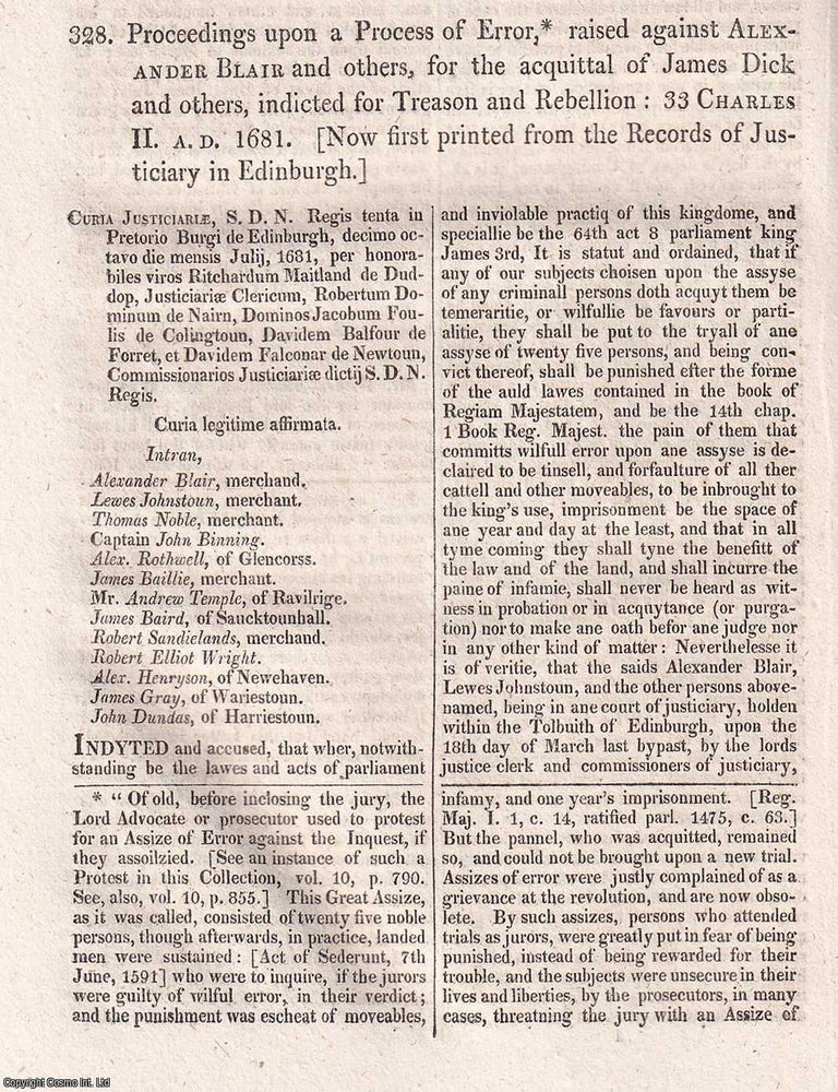 Item #518628 Proceedings against Alex Blair and others, upon a Process of Error, 1681. BLAIR AND...