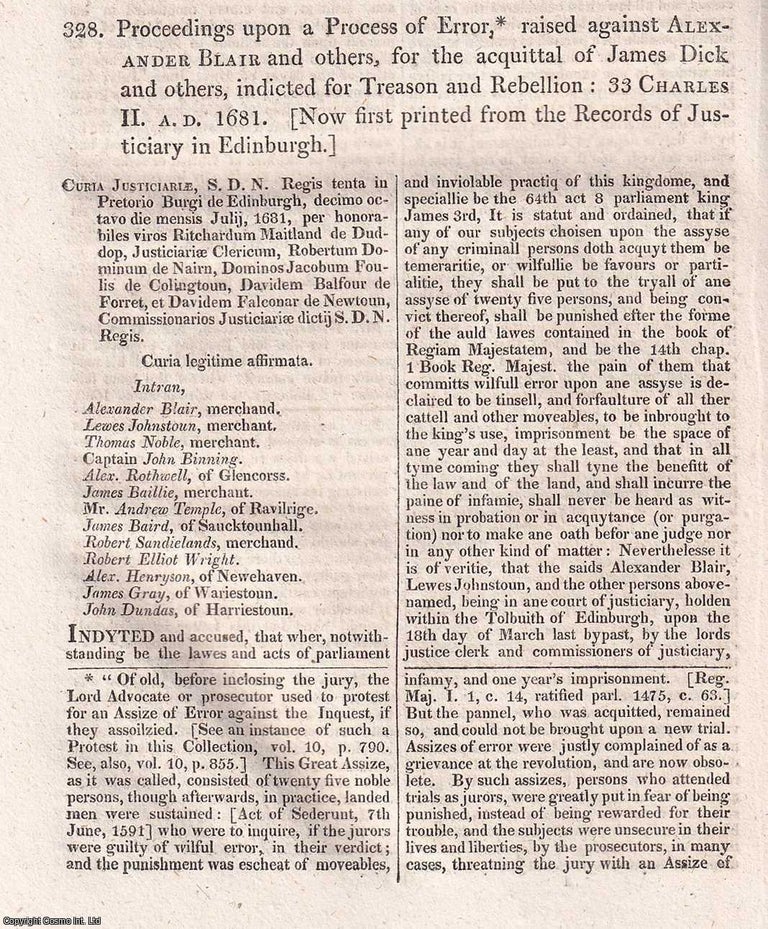 Item #518628 Proceedings against Alex Blair and others, upon a Process of Error, 1681. BLAIR AND...