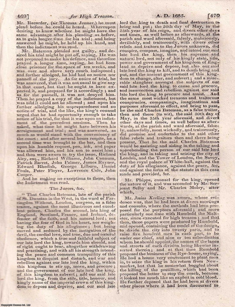 Item #518634 The Trial of Charles Bateman, for High Treason, 1685. BATEMAN'S TRIAL: TREASON AND...