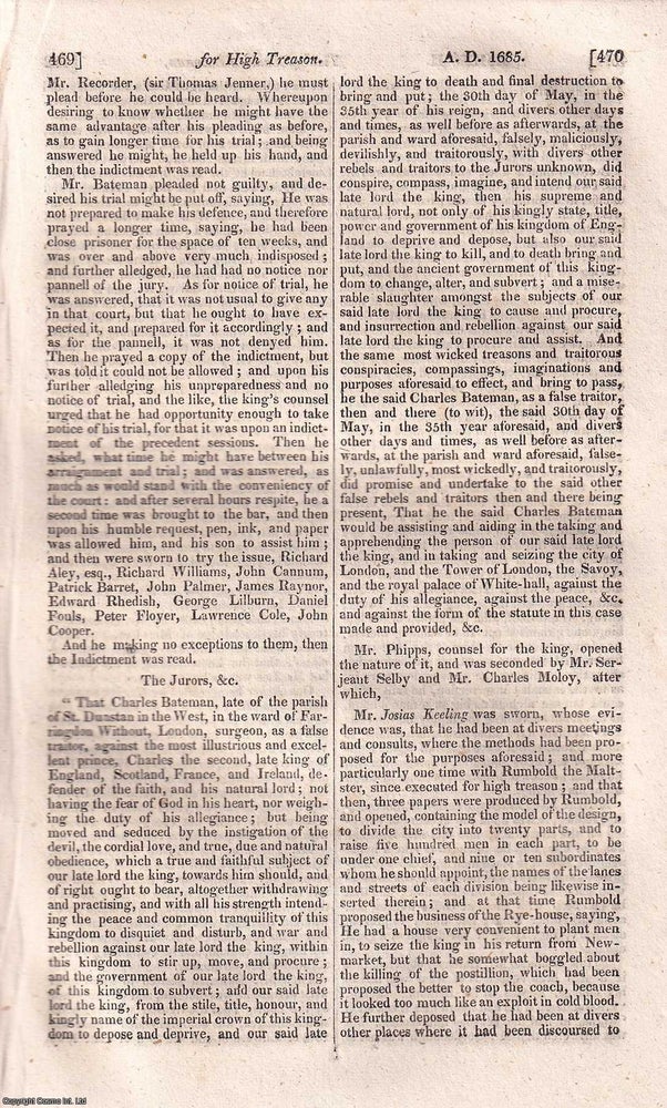 Item #518634 The Trial of Charles Bateman, for High Treason, 1685. BATEMAN'S TRIAL: TREASON AND...