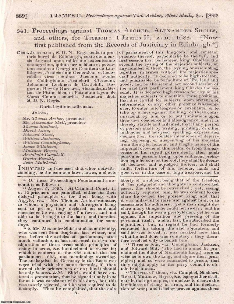 Item #518641 Proceedings against Thomas Archer, Alex. Sheils, and others, for Treason, 1685....