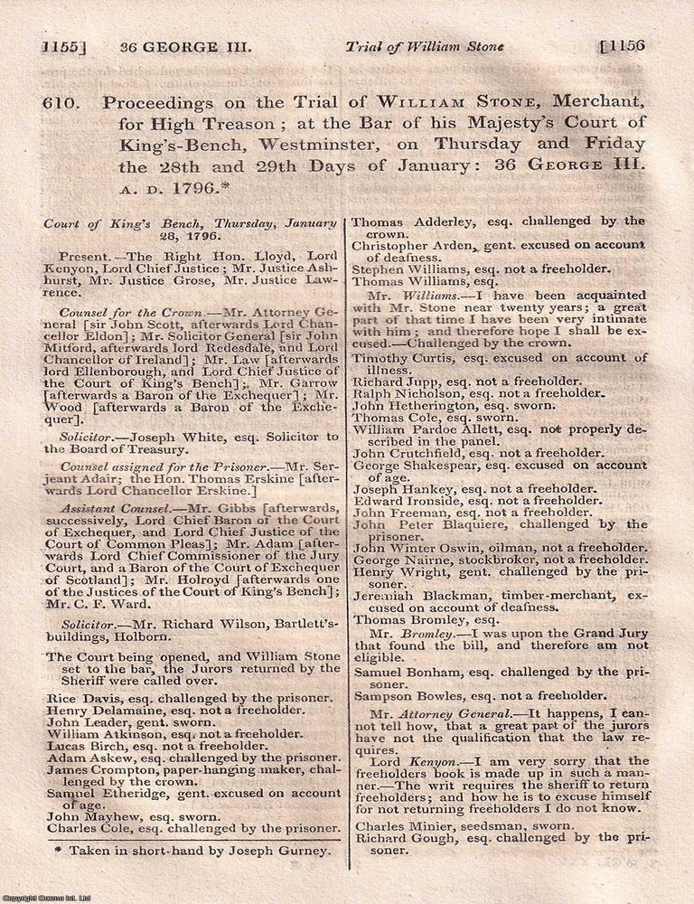 Item #518696 Proceedings on the Trial of William Stone, for High Treason, 1796. WILLIAM STONE AND THE TREASONABLE CORRESPONDENCE.