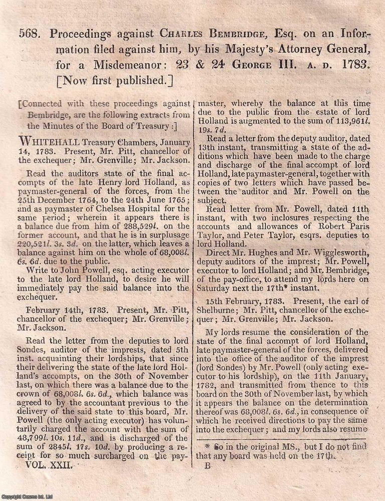 Item #518726 Proceedings against Charles Bembridge, for a Misdemeanor, 1783. BEMBRIDGE AND THE...