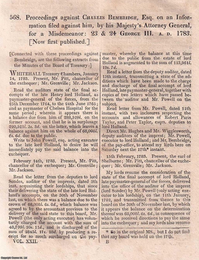 Item #518726 Proceedings against Charles Bembridge, for a Misdemeanor, 1783. BEMBRIDGE AND THE...