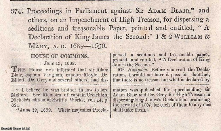 Item #518760 Proceedings against Sir Adam Blair and others, for High Treason, 1689-1690 ; A...