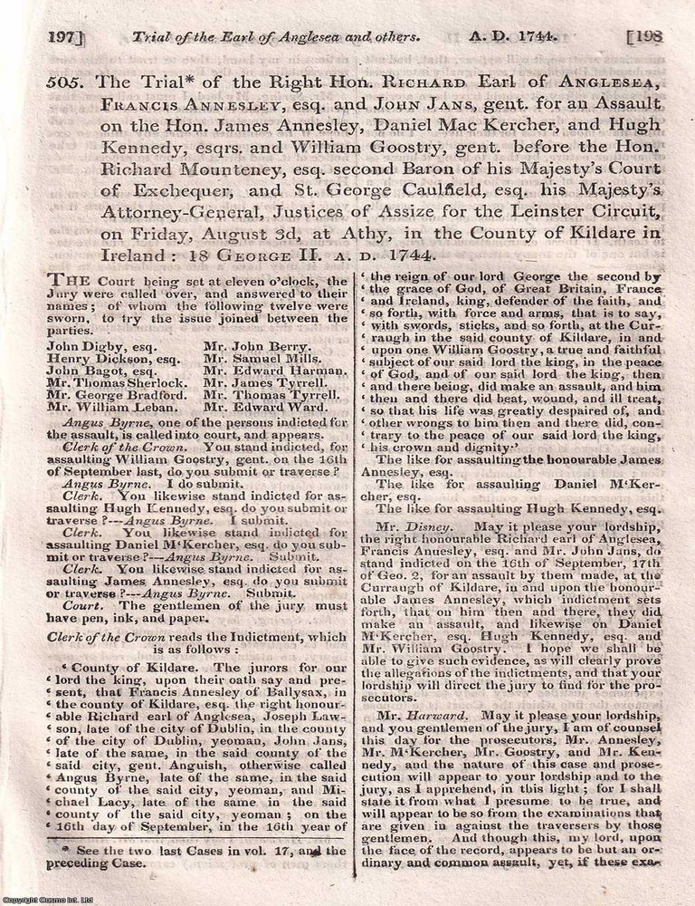 Item #518785 The Trial of the Earl of Anglesea and others, for an Assault, 1744. ANGLESEA AND THE...