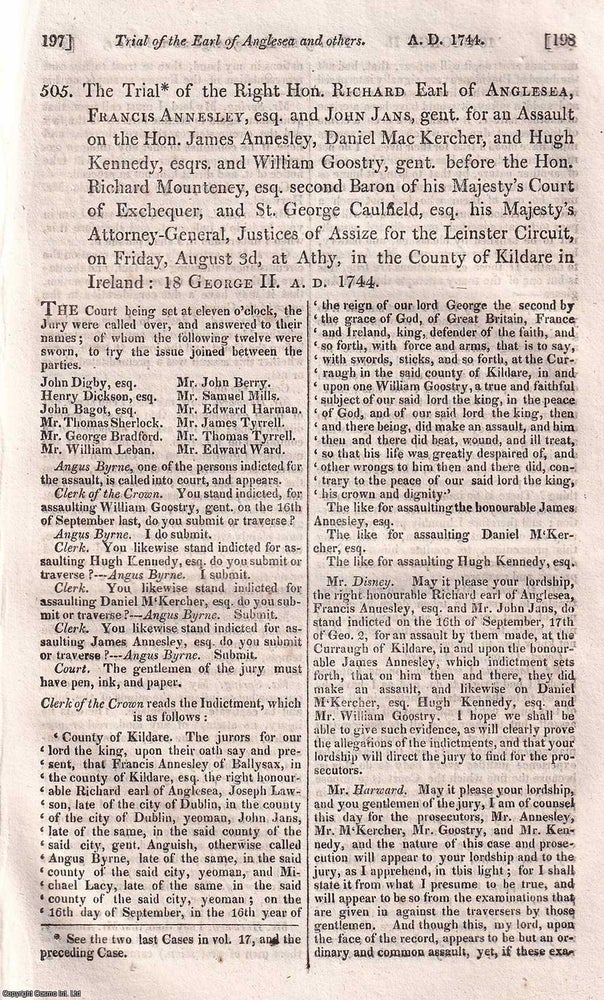Item #518785 The Trial of the Earl of Anglesea and others, for an Assault, 1744. ANGLESEA AND THE...