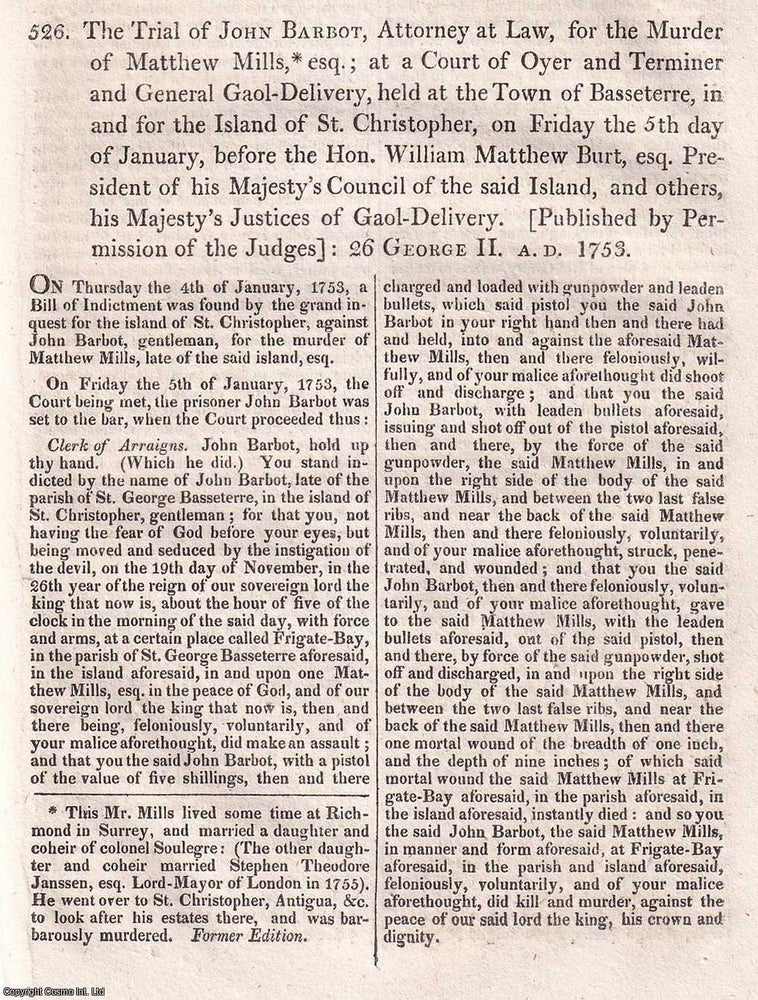 Item #518796 The Trial of John Barbot, for Murder, 1753. BARBOT'S TRIAL: A. FATAL ENCOUNTER