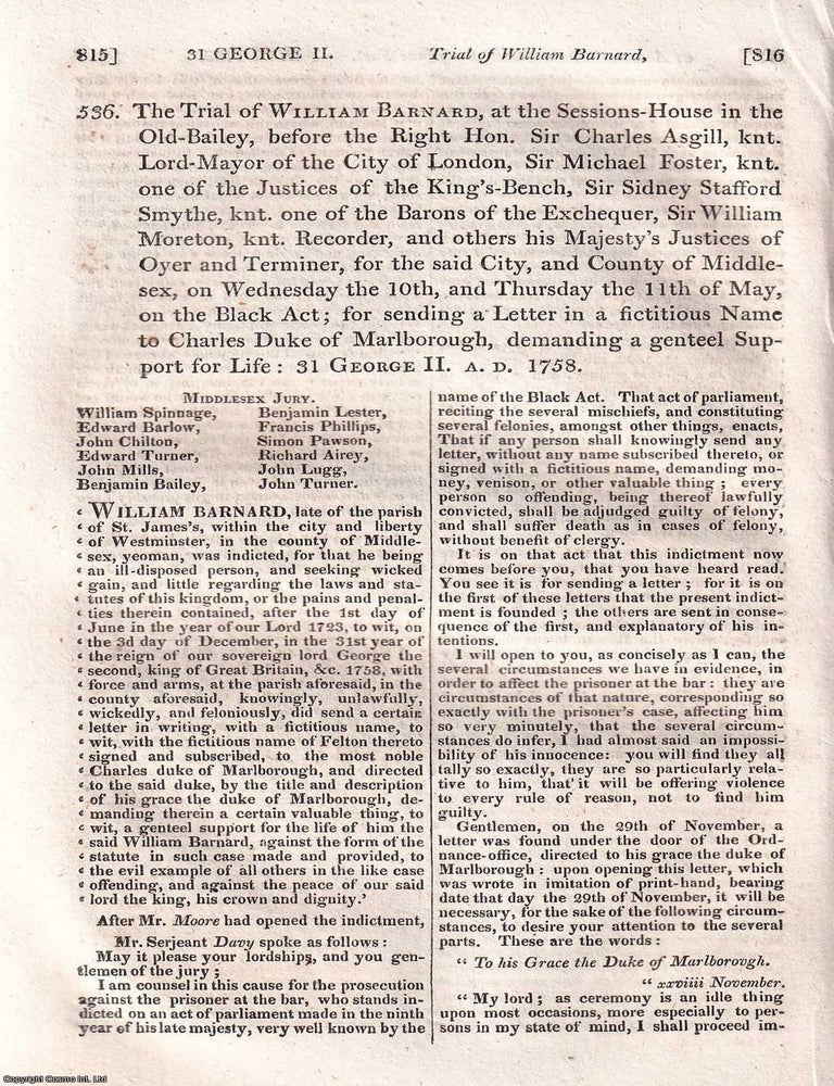 Item #518803 The Trial of William Barnard, on the Black Act, 1758. BARNARD AND THE BLACK ACT