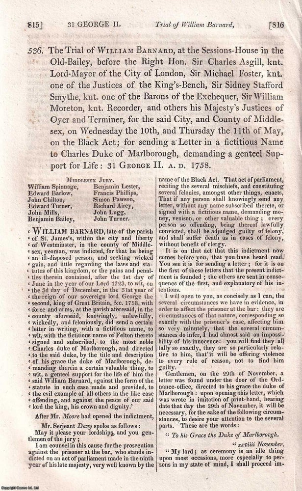 Item #518803 The Trial of William Barnard, on the Black Act, 1758. BARNARD AND THE BLACK ACT