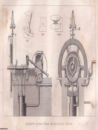 1868 : Crampton's Railway Locomotive Engine ; Nasmyth's Patent Steam Hammer & Bishopp's Rotary Steam Engine or Disc Engine. 3 original Steel Engravings from Tomlinson's Cyclopaedia of Useful Arts, 1868.
