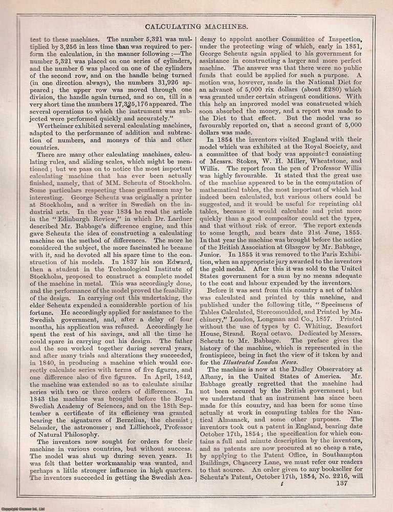 Item #519417 1868 : Calculating Machines. An original article from Tomlinson's Cyclopaedia...