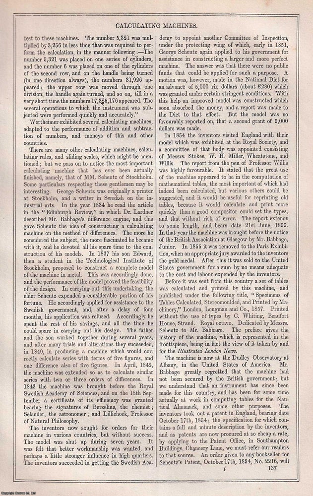 Item #519417 1868 : Calculating Machines. An original article from Tomlinson's Cyclopaedia...