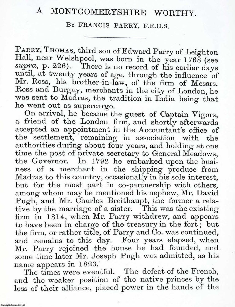 Item #519953 Thomas Parry, third son of Edward Parry of Leighton Hall, near Welshpool. An article...