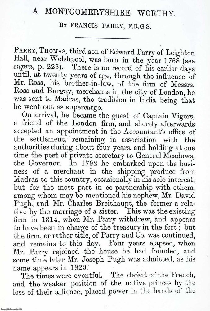 Item #519953 Thomas Parry, third son of Edward Parry of Leighton Hall, near Welshpool. An article...