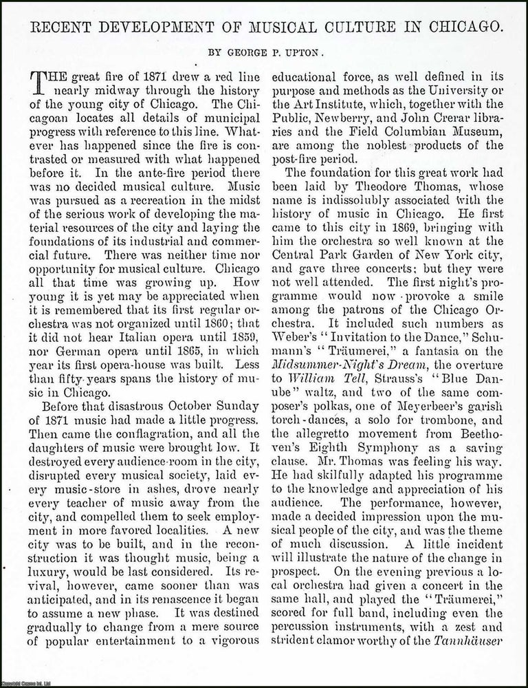 Item #520045 Recent Development of Musical Culture in Chicago. An article printed in 1898,...