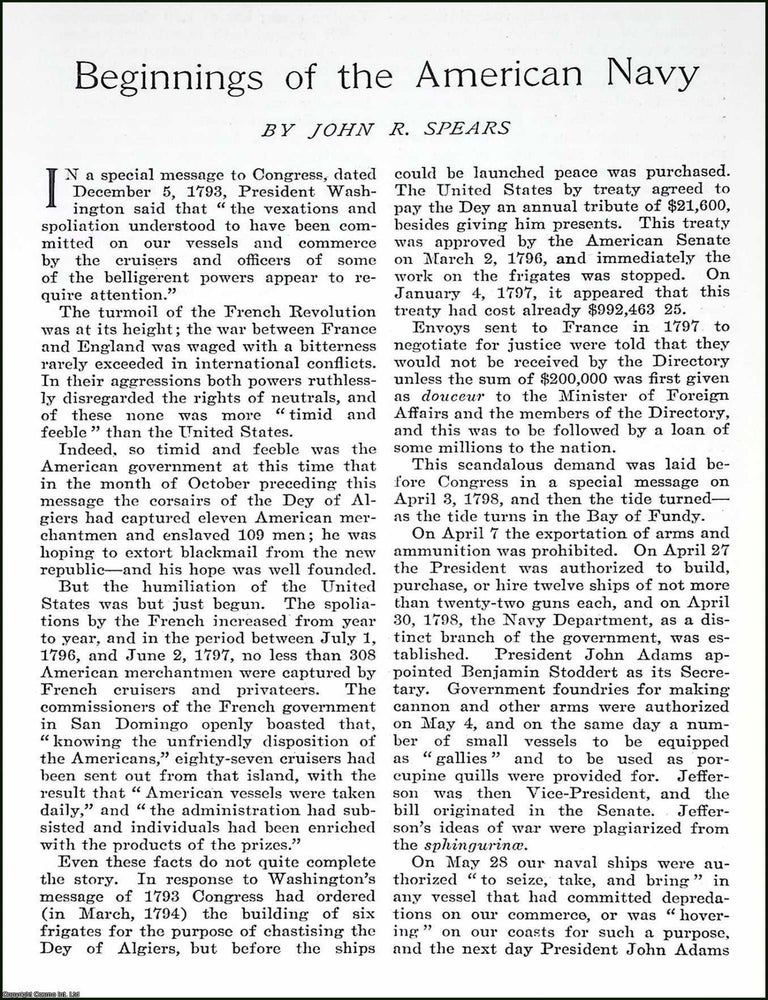 Item #520060 Beginnings of the American Navy. An article printed in 1903, written by John R....