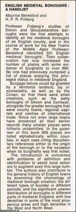 English Medieval Boroughs : A Handlist. By Maurice Beresford & H.P.R. Finberg.