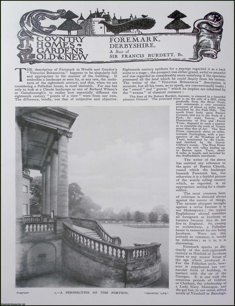 Item #520628 Foremark, Derbyshire. A Seat of Sir Francis Burdett. Several pictures and...