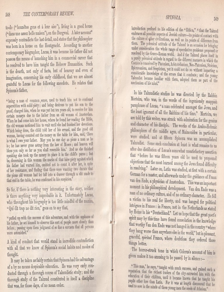 Item #601197 Spinoza: The Man and the Philosopher. A rare article from the Contemporary Review,...