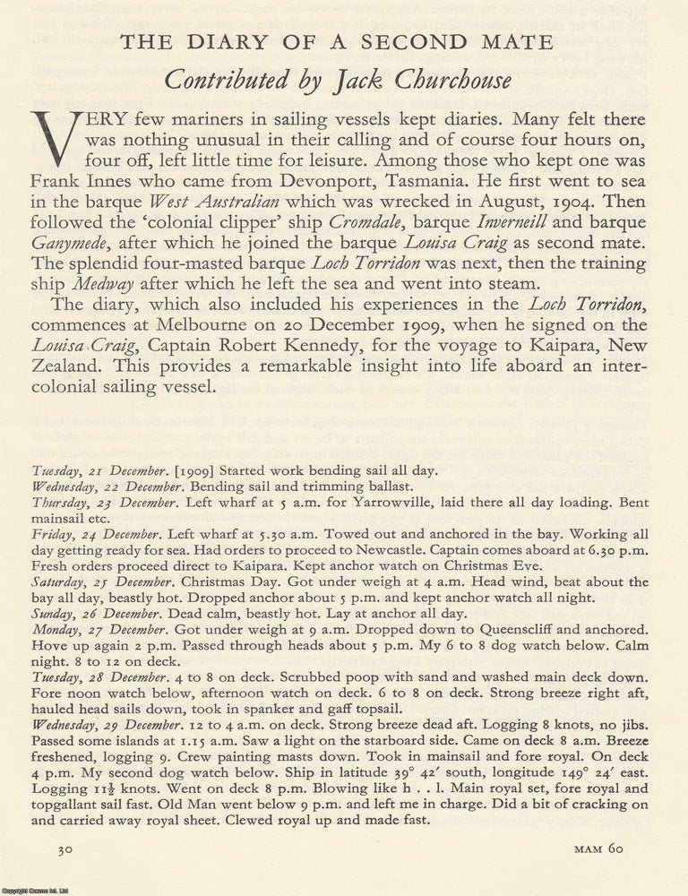 Item #602713 The Diary of a Second Mate. An original article from the Mariner's Mirror,...