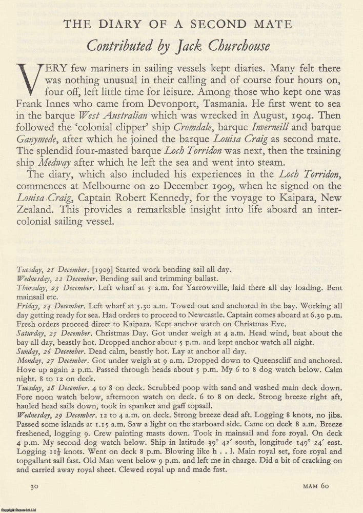 Item #602713 The Diary of a Second Mate. An original article from the Mariner's Mirror,...