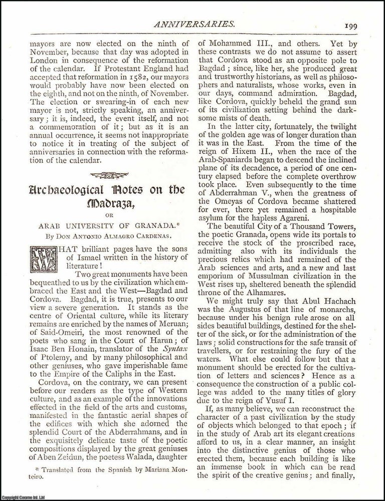 Item #607454 Archaological Notes on The Madraza, or Arab University of Granada. 2 pages. An...