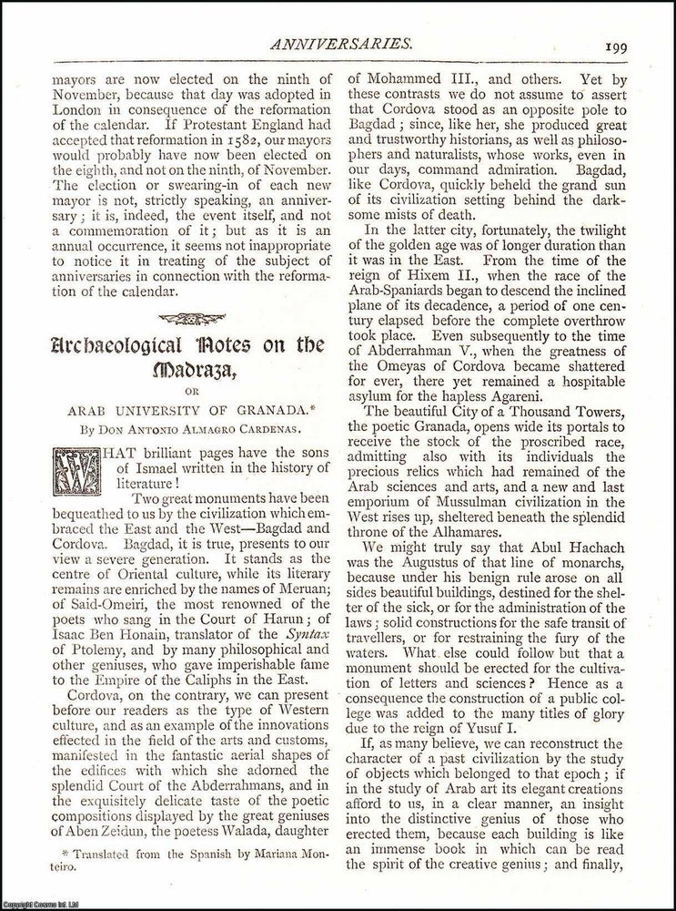 Item #607454 Archaological Notes on The Madraza, or Arab University of Granada. 2 pages. An...