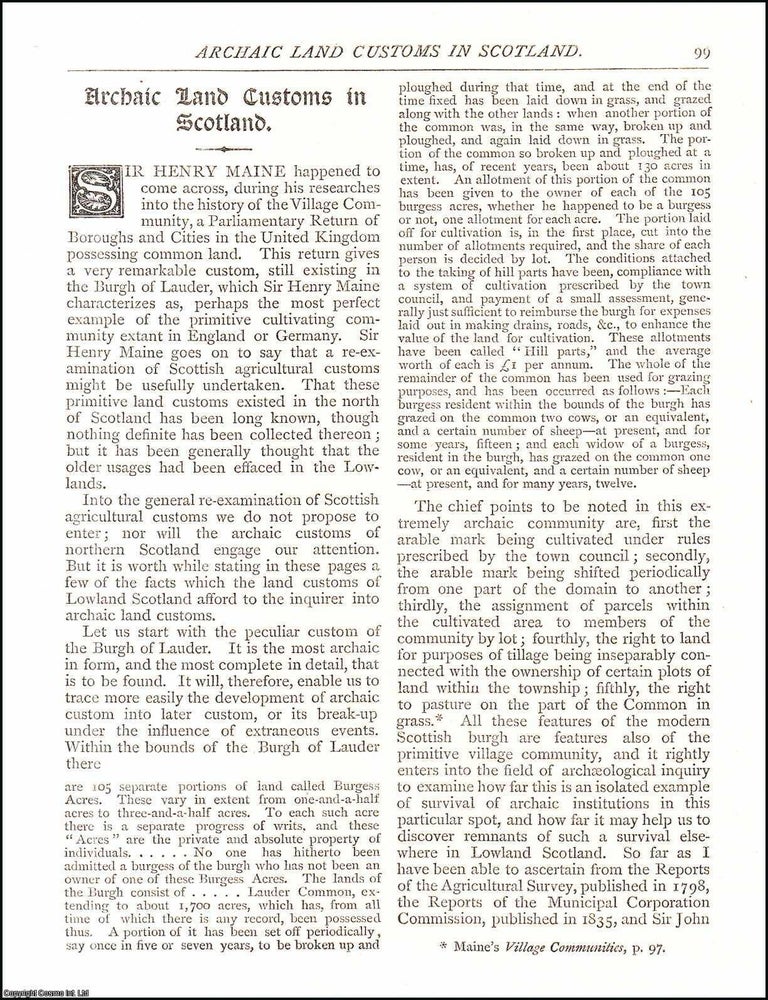 Item #607464 Archaic Land Customs in Scotland. 4 pages. An article printed in 1881, written by G....