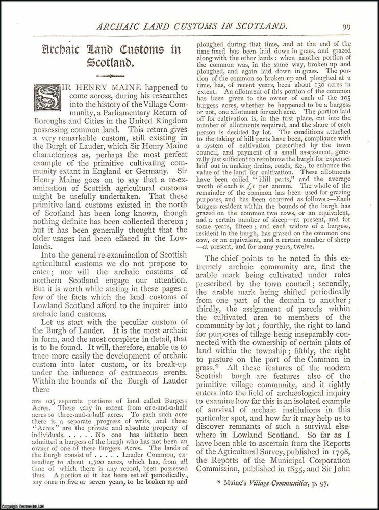Item #607464 Archaic Land Customs in Scotland. 4 pages. An article printed in 1881, written by G....
