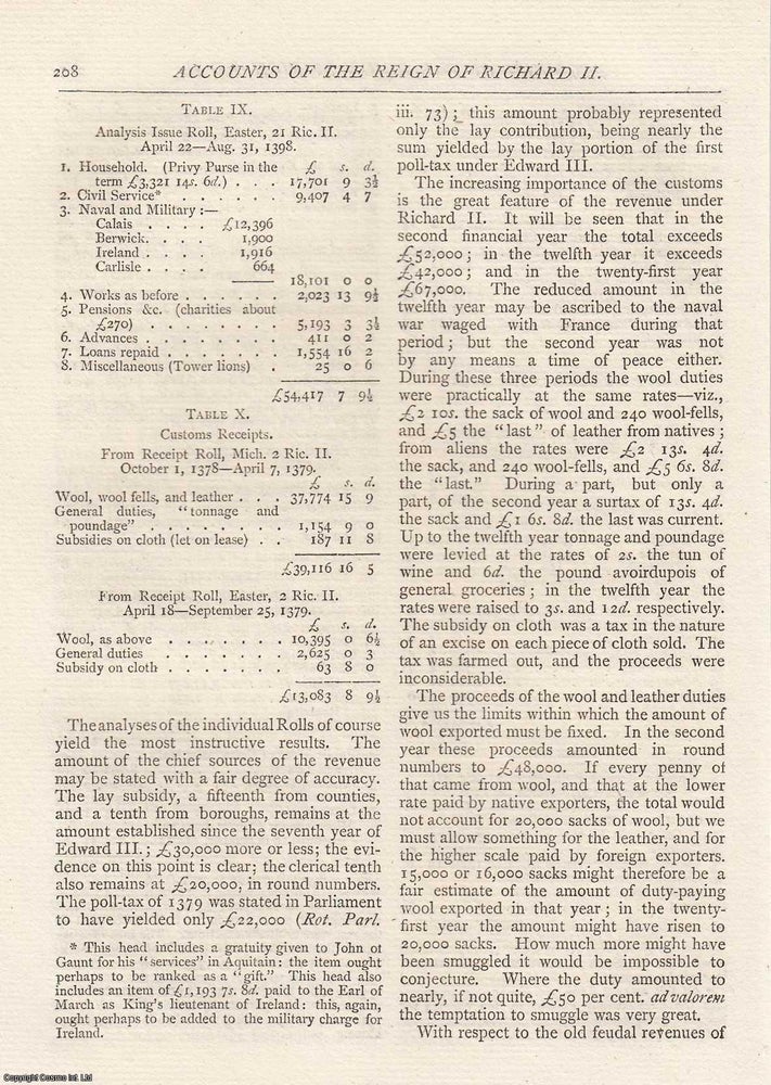 Item #607469 Accounts of The Reign of Richard II. 7 pages. An article printed in 1881, written by...