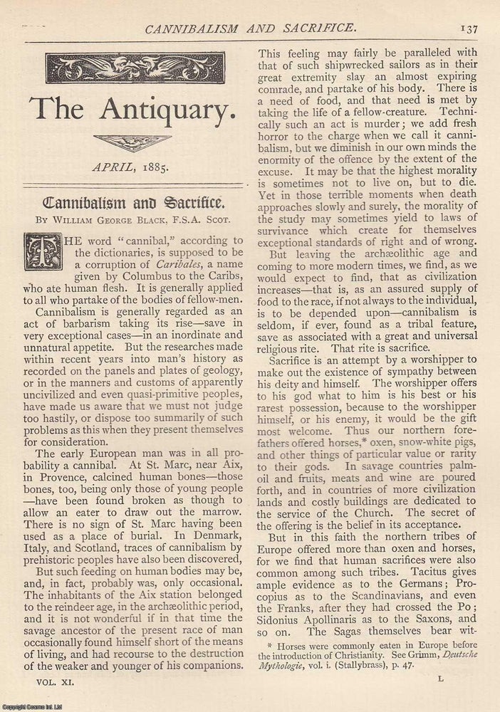 Item #607522 Cannibalism and Sacrifice. An original article from The Antiquary Magazine, 1885....