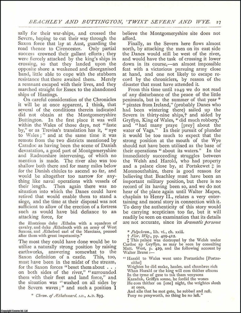 Item #607529 Beachley and Buttington, Twixt Severn and Wye. 5 pages. An article printed in 1885,...